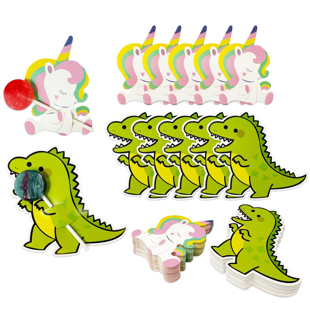 Wrapables Birthday Lollipop Paper Card Candy Holders, Party Supplies, Decorations, Party Favors (100pcs), Dinos and Unicorns
